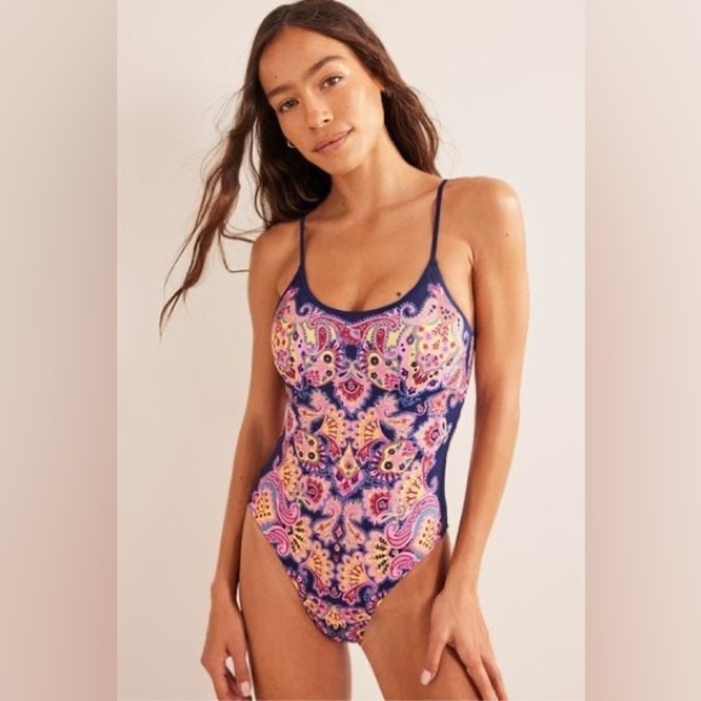 Boden Scoop Tie Back pink paradise paisley Swimsuit NWT